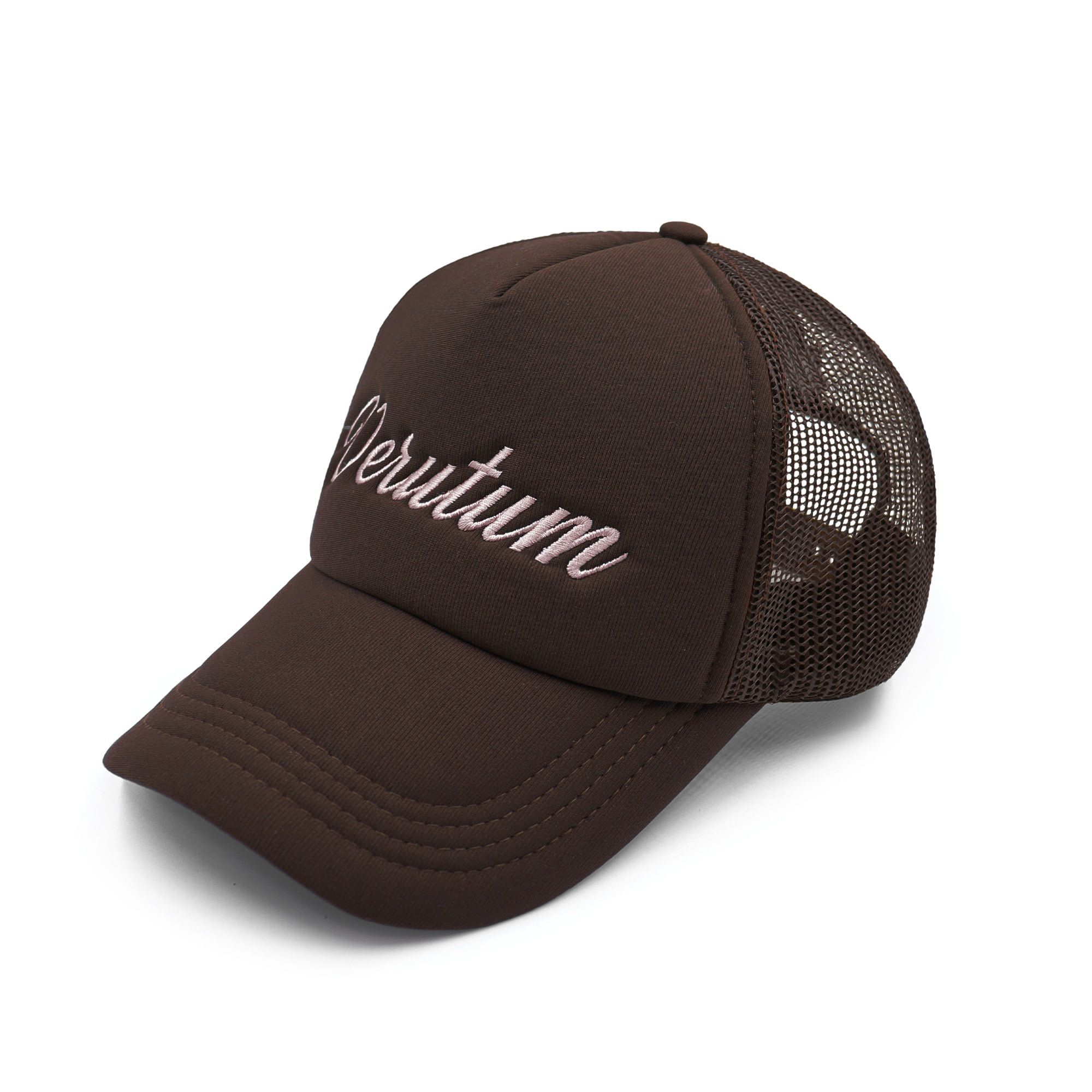 HW-BC123 : Big Cursive Script Logo Mesh Trucker CapㅣBrown