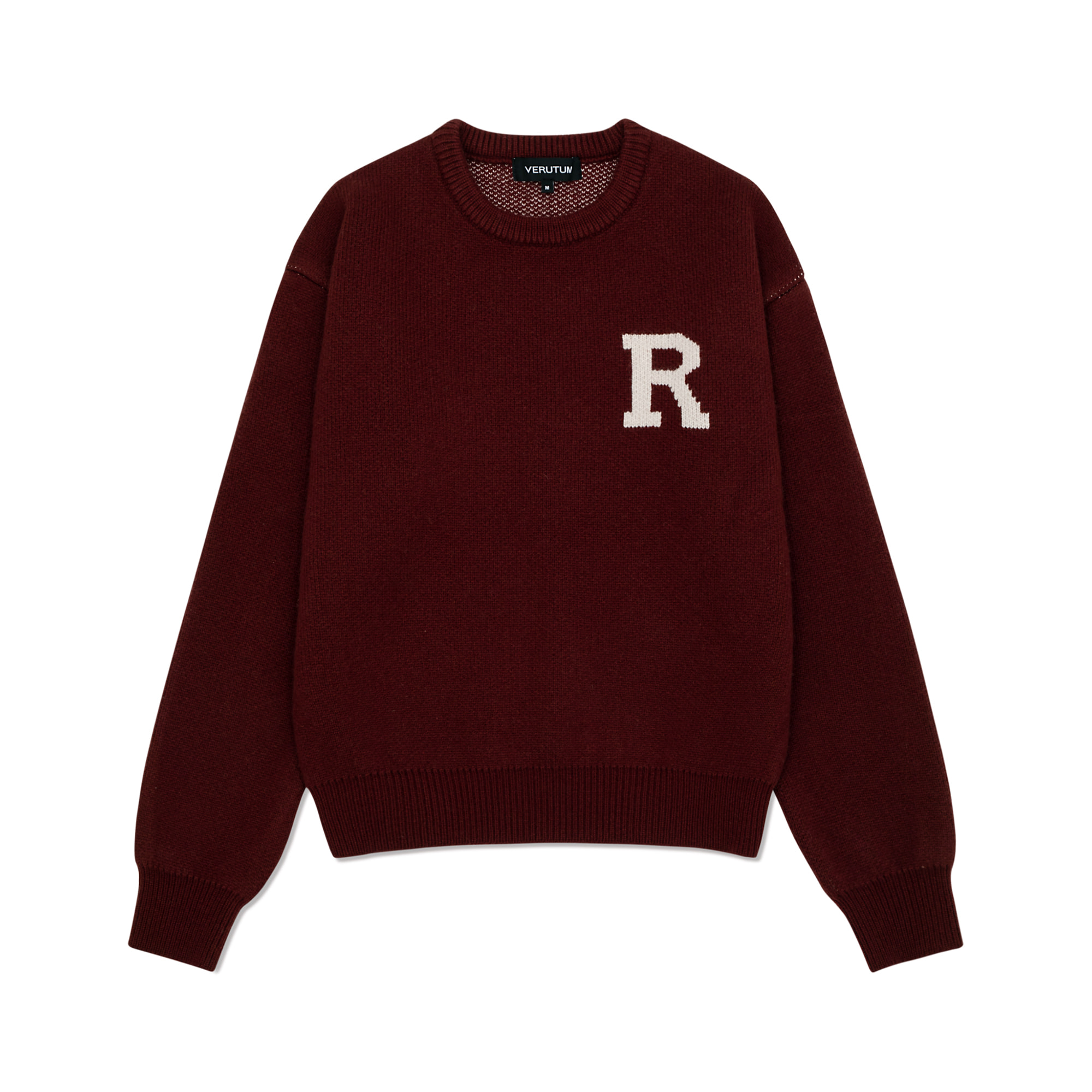 RTW-KT184 :&quot;R&quot; Logo Jacquard SweaterㅣUnisexㅣBurgundy