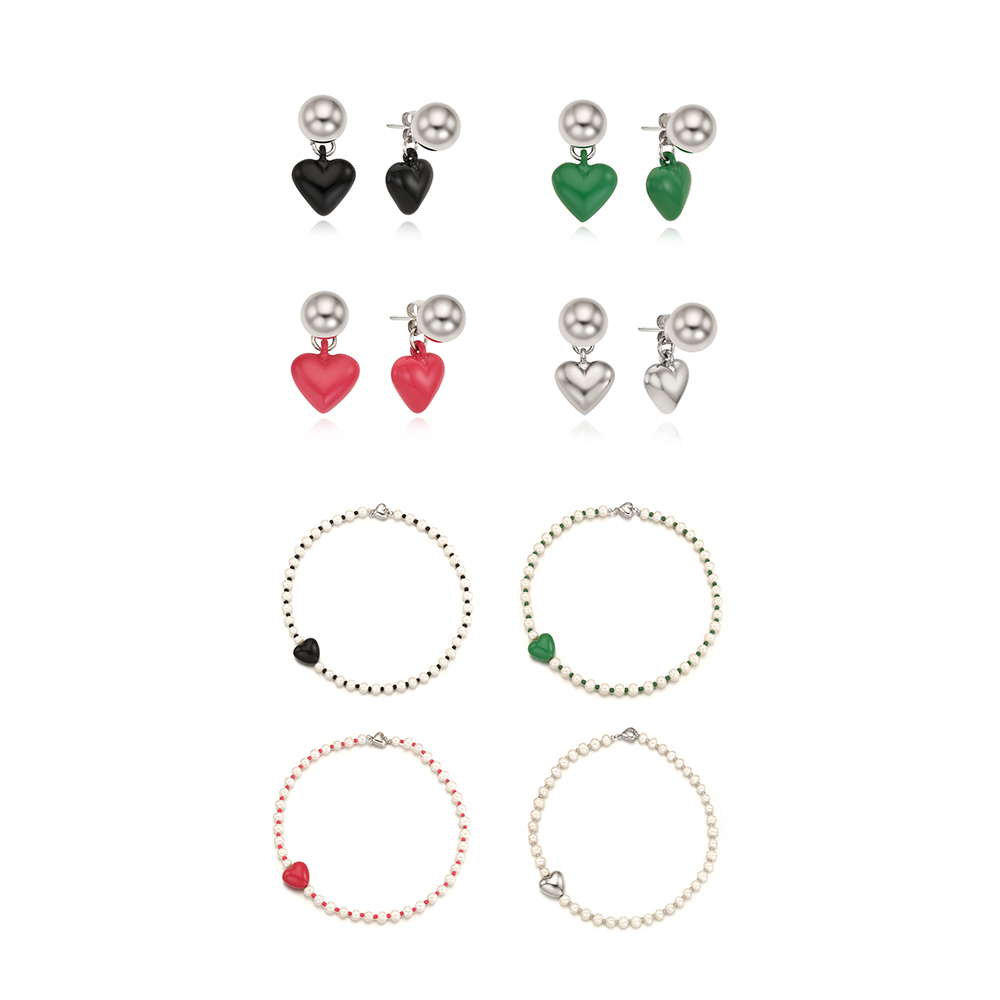 [SET] 3-Way Heart Ball Earrings + Pearl n Beads Heart Necklace