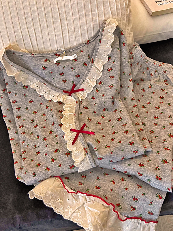 소프트 로즈리본 긴팔 상하세트 파자마 잠옷