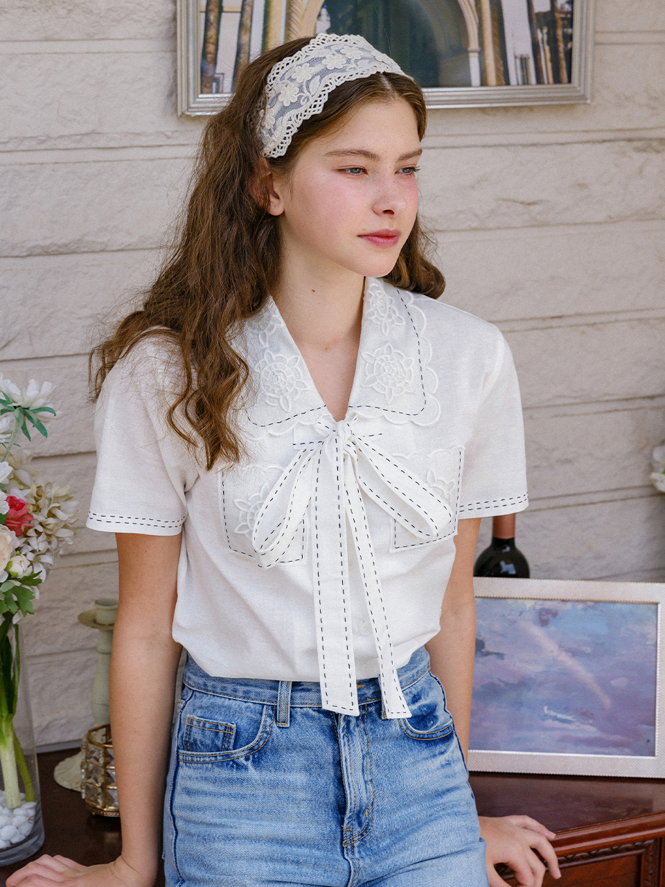 stitch flower embroidery blouse