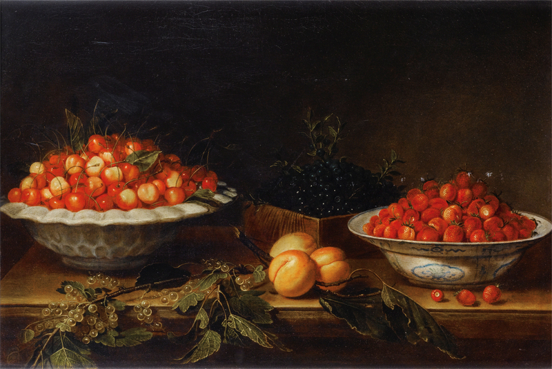 Joseph Plepp - NATURE MORTE AU PLAT DE CERISES, MYRTILLES, FRAISES DES BOIS, ABRICOTS ET GROSEILLES À MAQUEREAUX SUR UN ENTABLEMENT DE MARBRE 46 x 67 cm