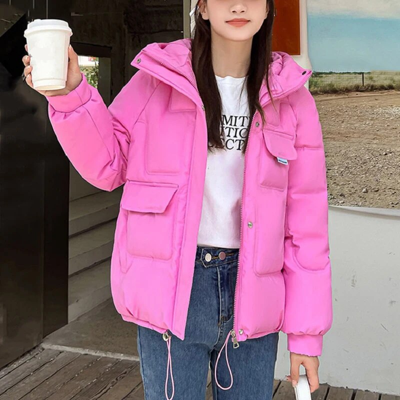 두껍고 따뜻한 파카 포켓 루즈핏 면 후드 코트 및 재킷 여성용, 한국 빵 겨울