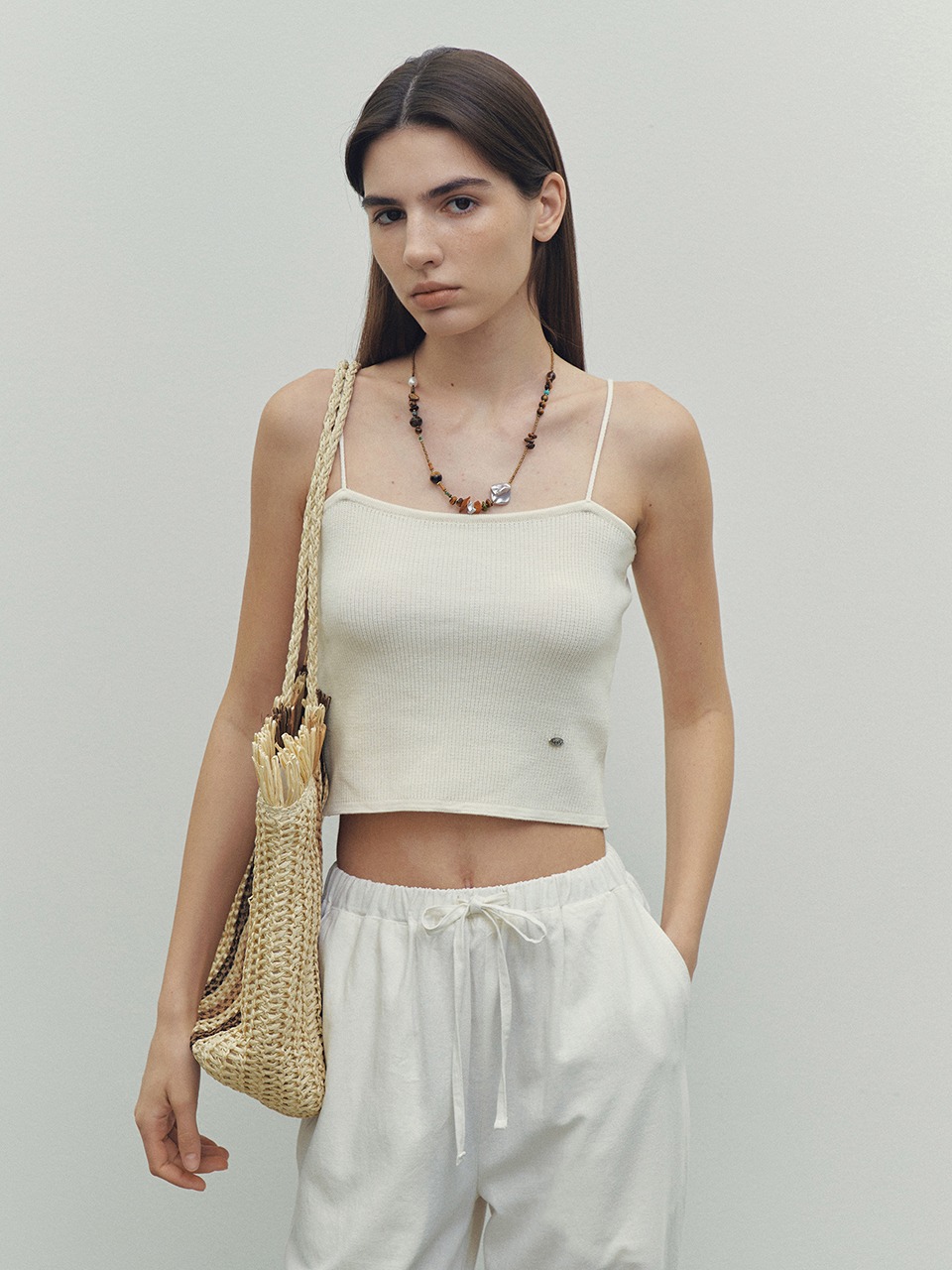 Camisole Solid Strap Crop Ribbed Top (Cream)