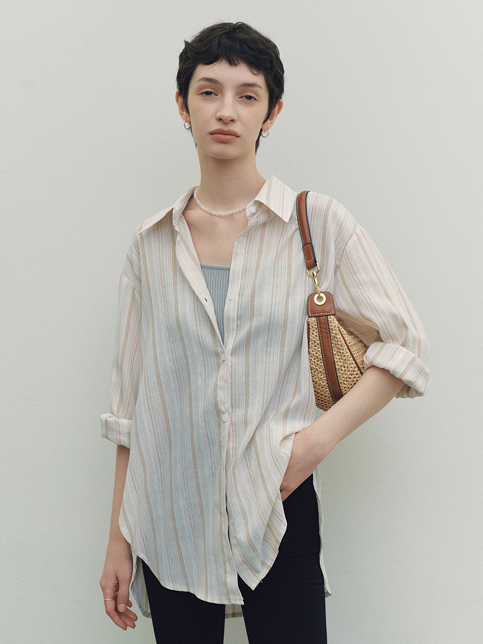 Peach Stripe Over Fit Shirt (Beige)