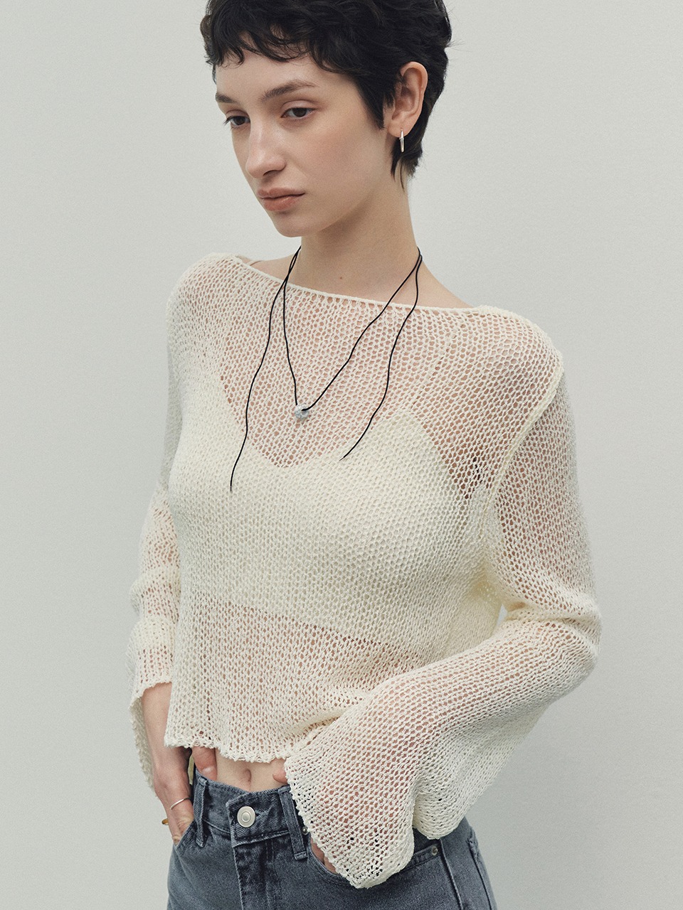 [7/5순차출고]  See-through Back String Knit (Ivory)