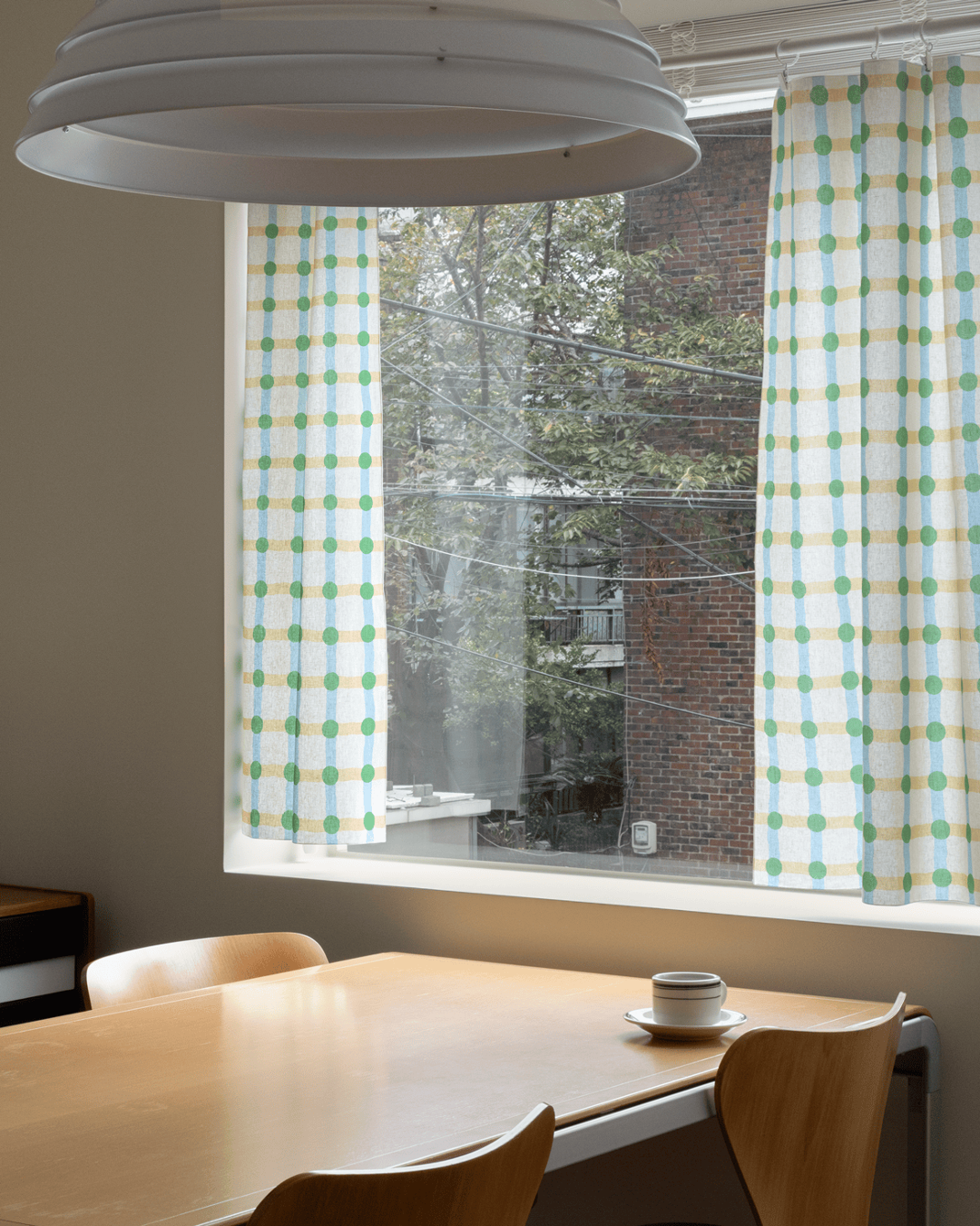 DOT CHECK WINDOW CURTAIN - GREEN ON BEIGE