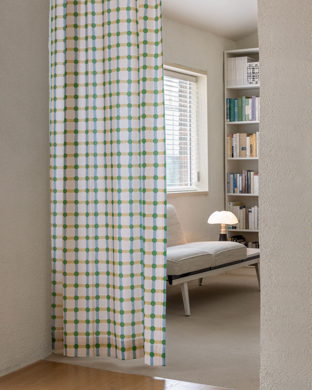 DOT CHECK CURTAIN - GREEN ON BEIGE