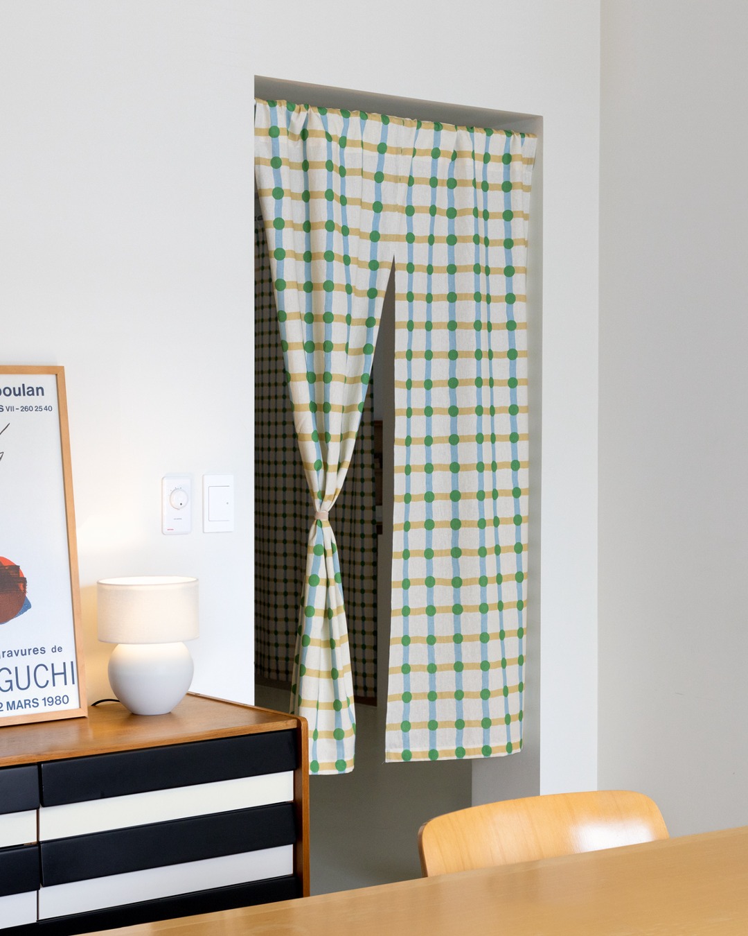 DOT CHECK HELLO CURTAIN - GREEN ON BEIGE