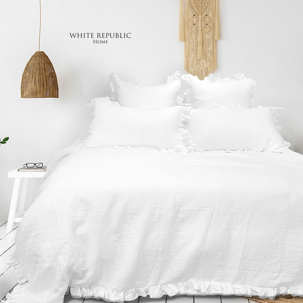 (SALE) French Linen Ruffle Duvet Cover White