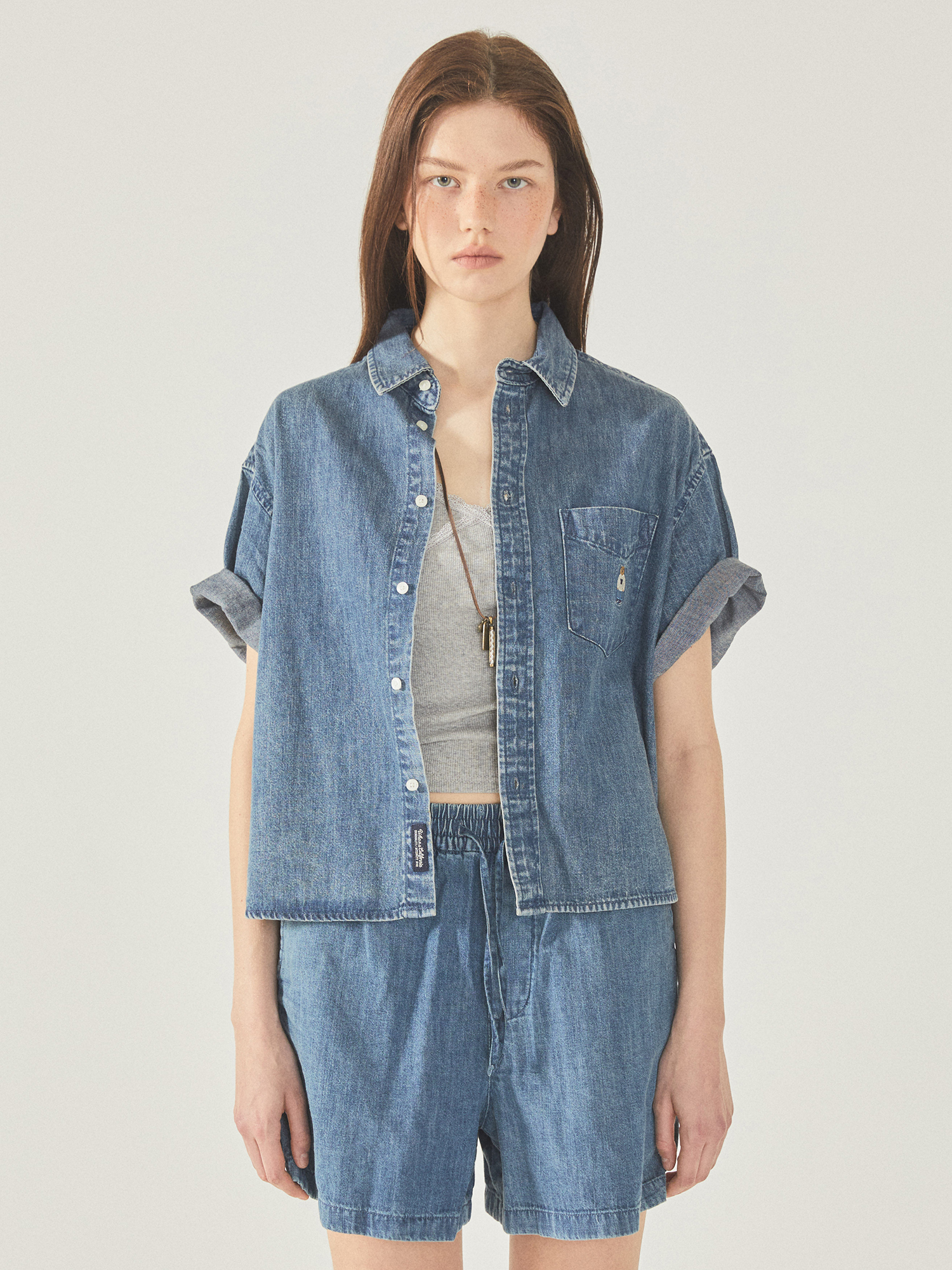 Steve Denim Crop Short Sleeve Shirts - 후아유닷컴 Steve Denim Crop Short Sleeve Shirts - 후아유닷컴