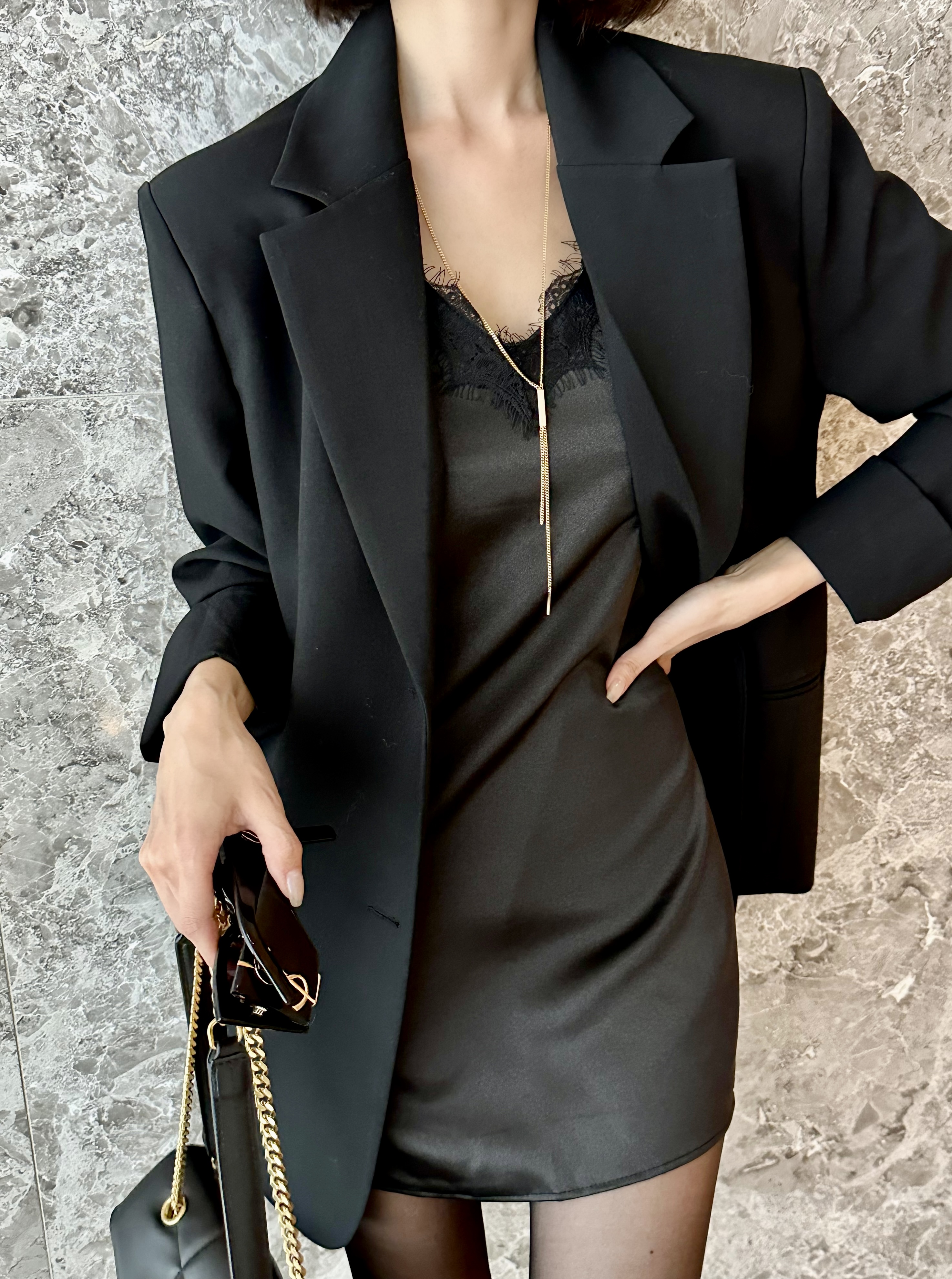 Slip dress with blazer for dressy winter brunch