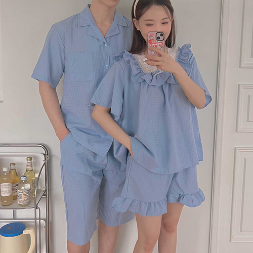 커플 프릴 여름 주머니 남녀 썸머 신혼부부 면 상하 세트 잠옷 파자마 2color