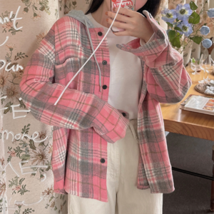 체크 후디 오버핏 핑크 남방 캐주얼 겨울 자켓