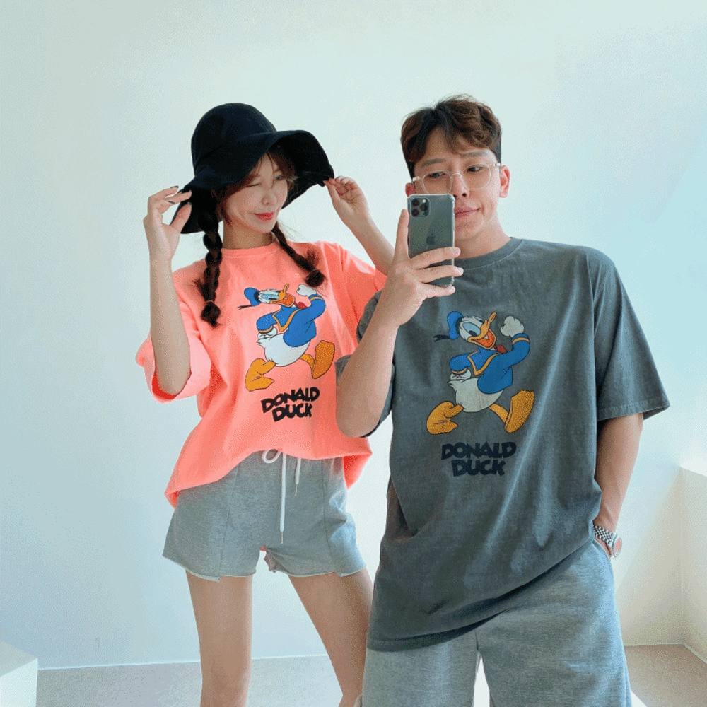 [ 디즈니정품 ] 남녀공용 커플 도널드 피그먼트 오버 박스 반팔티셔츠 ( 4color )