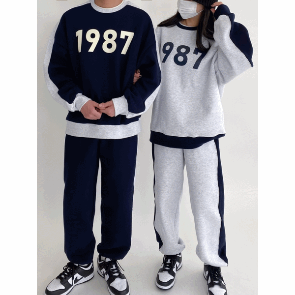 [ 2컬러 남녀공용 ] 기모 1987 프린팅 맨투맨 밴딩 조거팬츠 트레이닝복