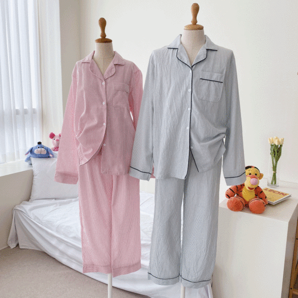[ 커플잠옷 ] 핑크 민트 삥줄 스트라이프 파자마 잠옷세트